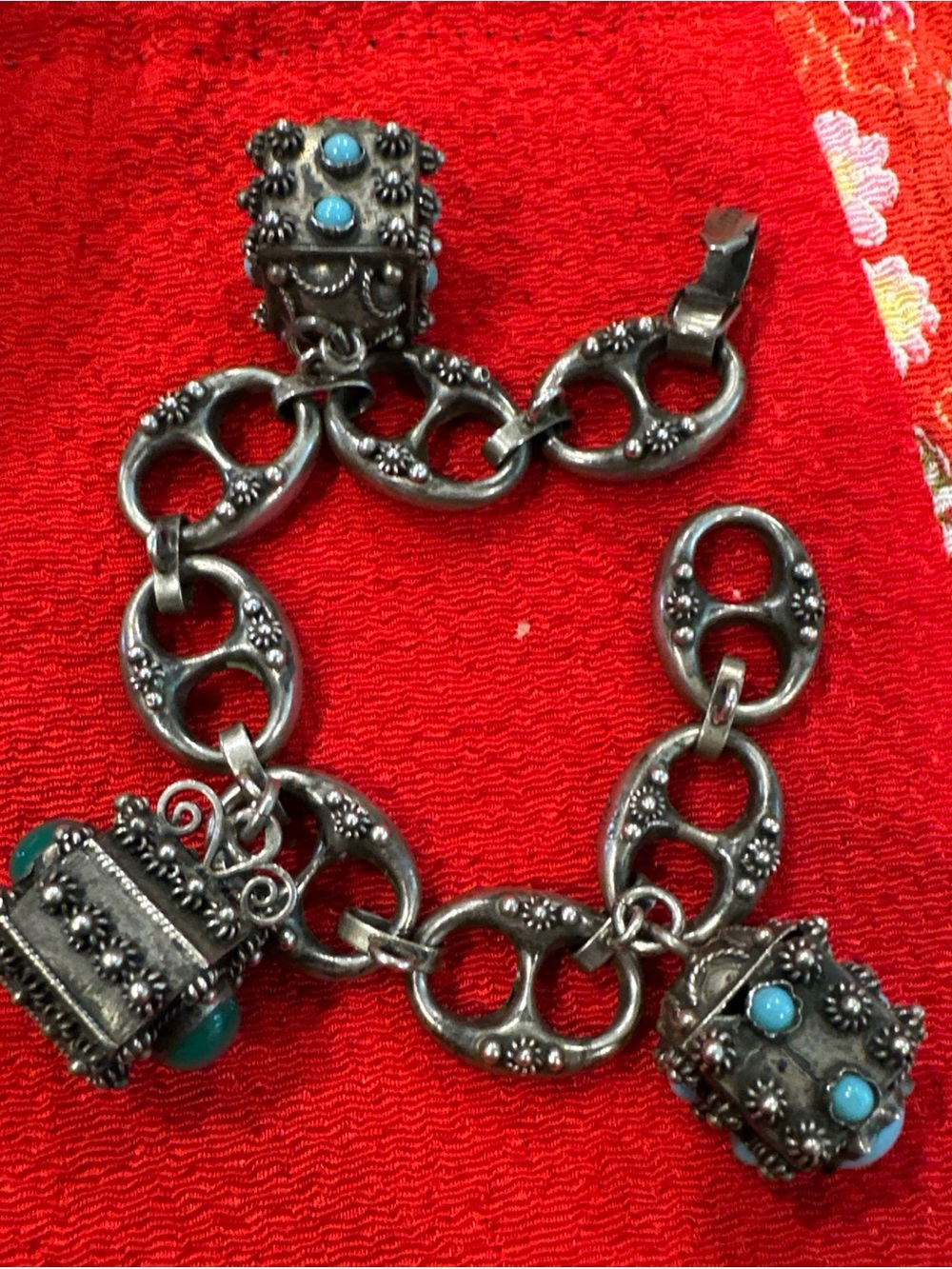 Sterling-Style Silver Link Bracelet with Turquoise Accent Charms